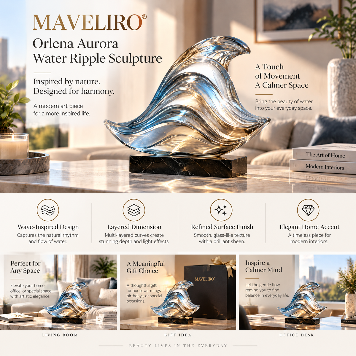 MAVELIRO® Orlena Aurora Water Ripple Sculpture